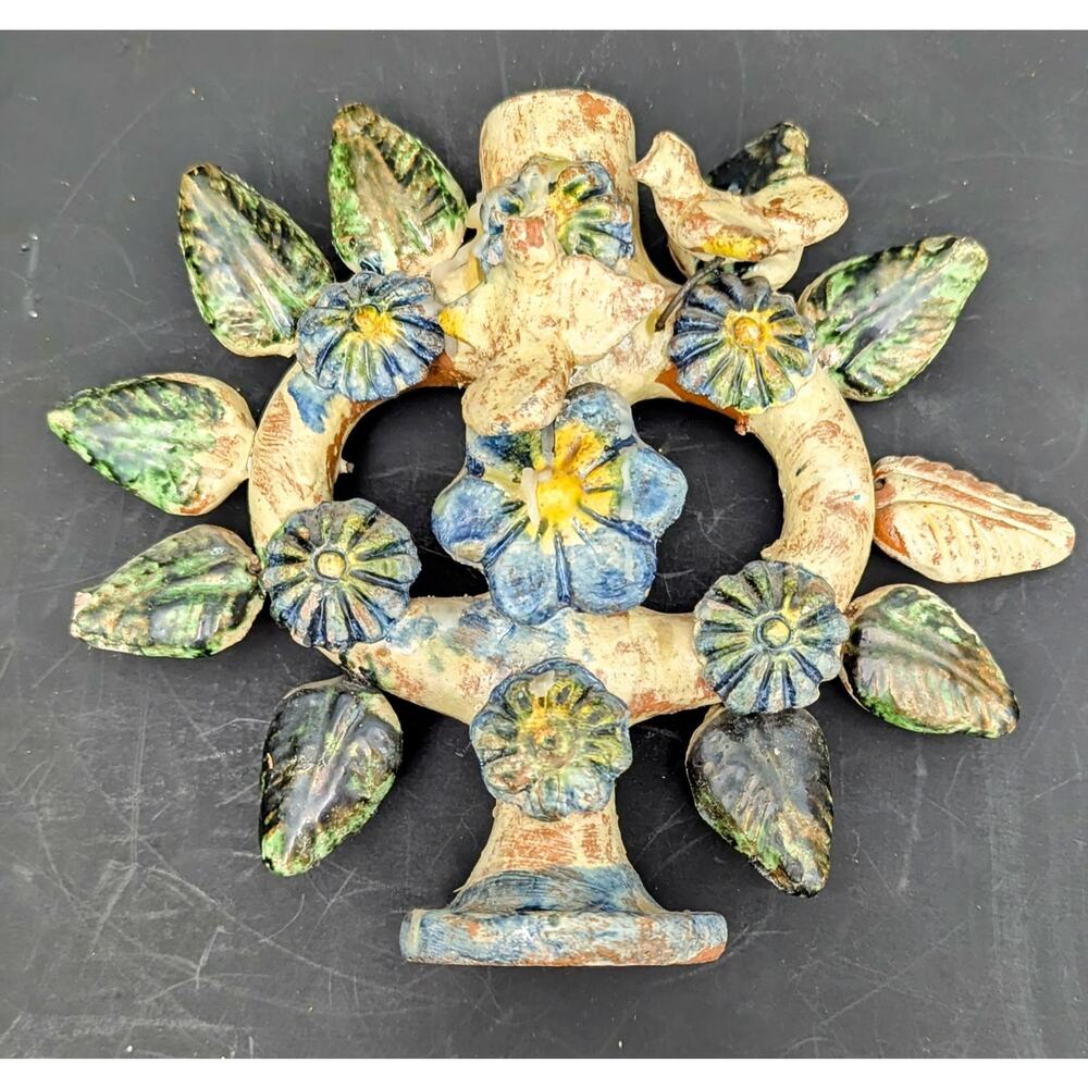Mexican Antique Tree Of Life 7" Candelabra Flowers Doves Terra Cotta Blue Green - Picture 3 of 9